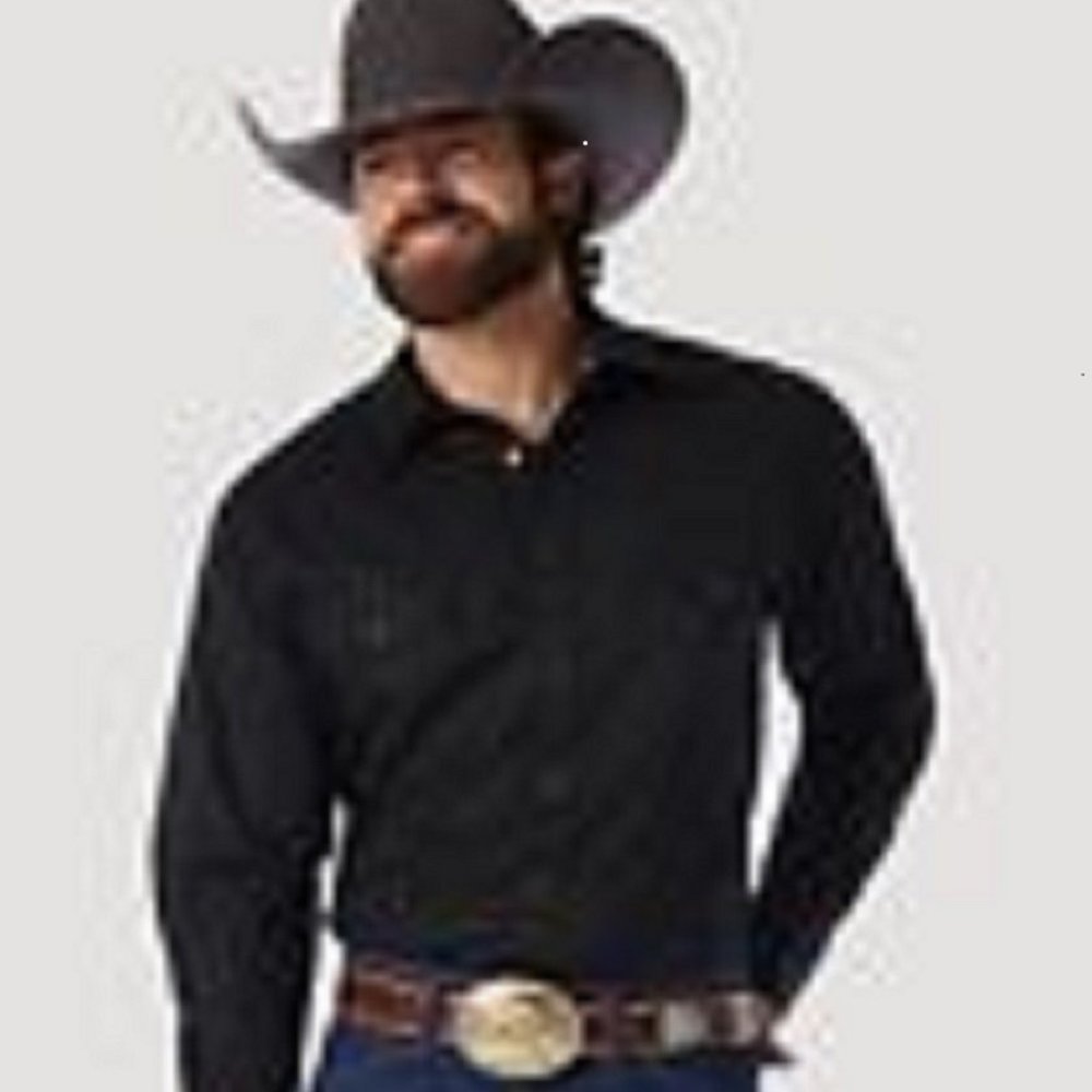 NEW NWOT WRANGLER Black Men's WESTERN BROADCLOTH PEARL SNAP SHIRT Long Sleeve L!